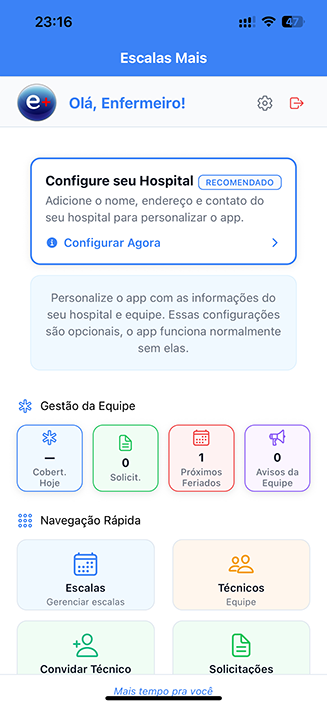 Dashboard principal do Escalas Mais com gestão de equipe
